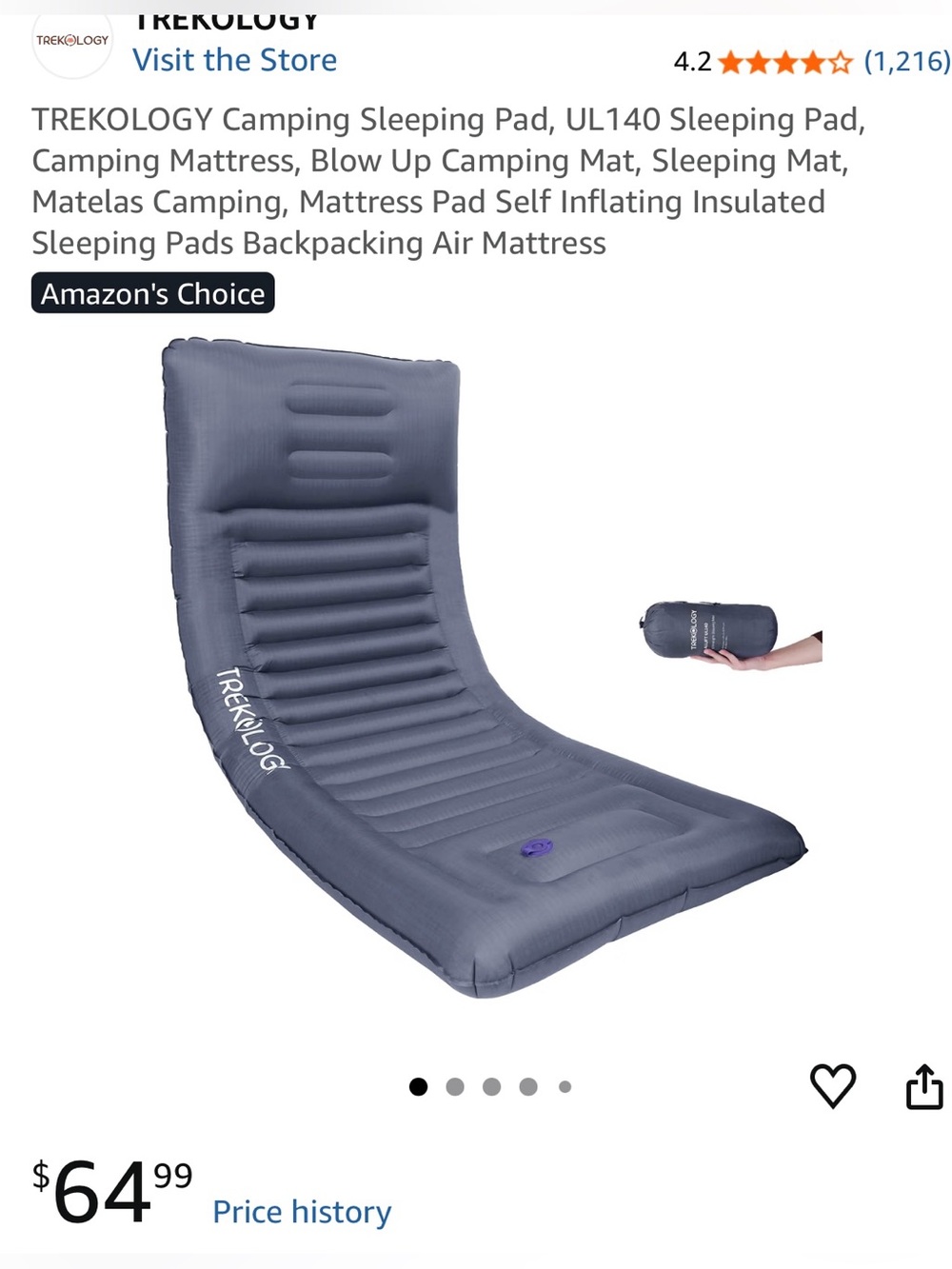 Gray Self-Inflating Camping Sleeping Pad with Built-In Pillow